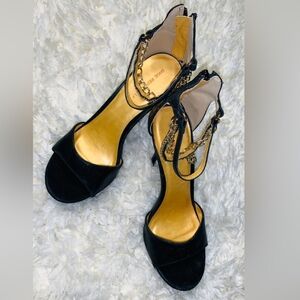 Black heels with gold ankle accents, ankle jewelry straps size 9